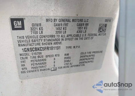 2015 Chevrolet Tahoe C1500 Lt из США, поврежденный, VIN 1GNSCBKC5FR181191